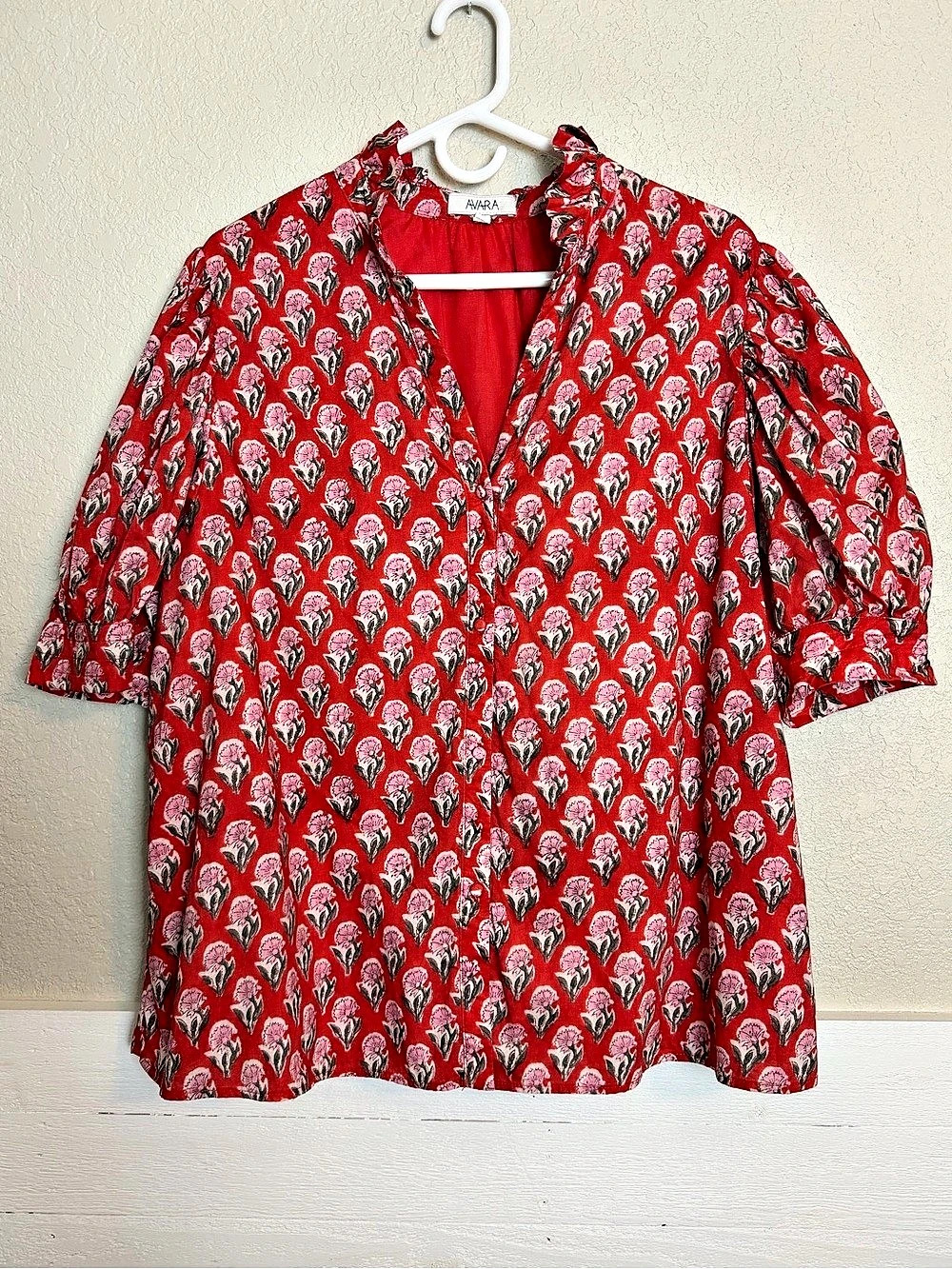 AVARA Floral Print Cotton Blouse Top in Red & Pink size XXL